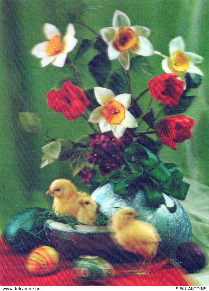 PASCUA POLLO HUEVO FLORES LENTICULAR 3D Vintage Tarjeta Postal CPSM #PAZ016.A - Easter