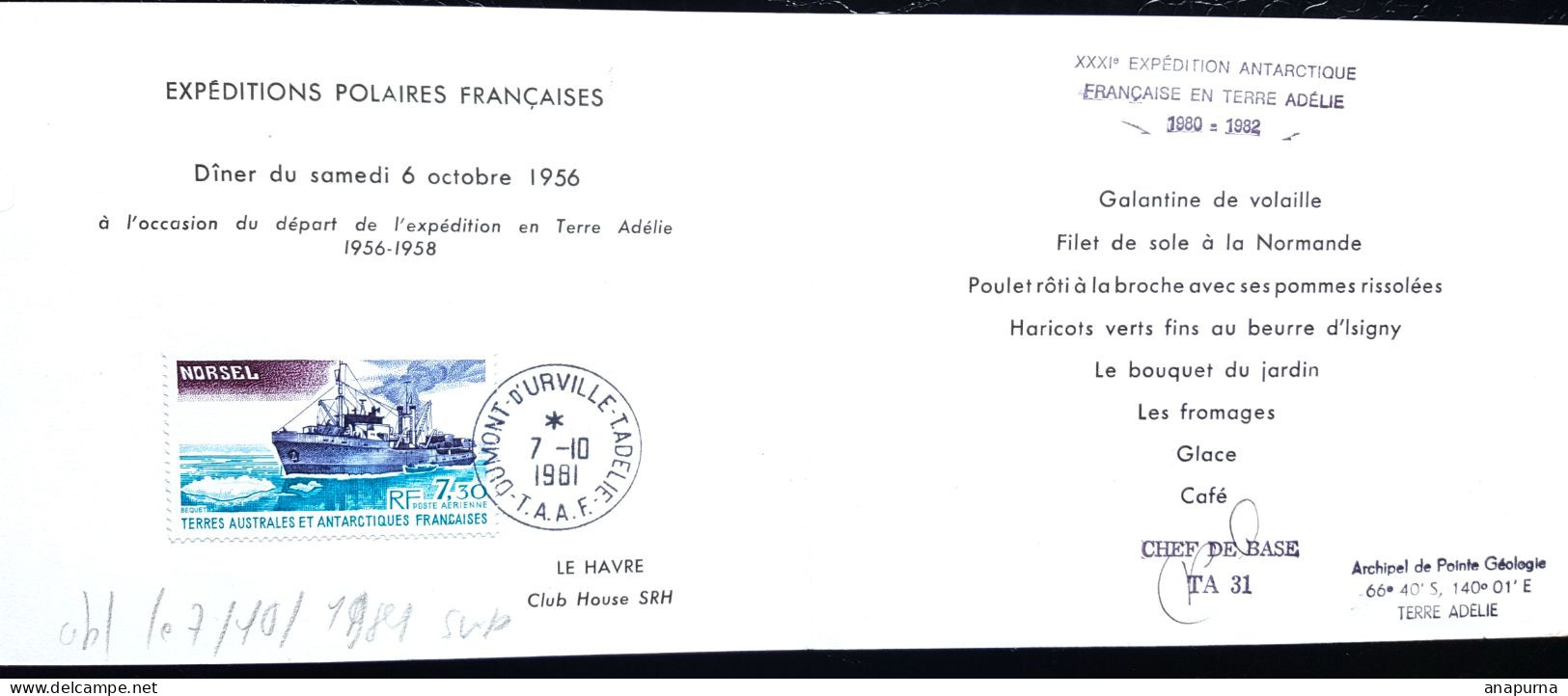 EPF 1956, 2eme Expé AGI,carton Invitation 6 Oct 1956, Départ Norsel 7 Oct Havre, TP TAAF Norsel Obl 7/10/81 - Storia Postale