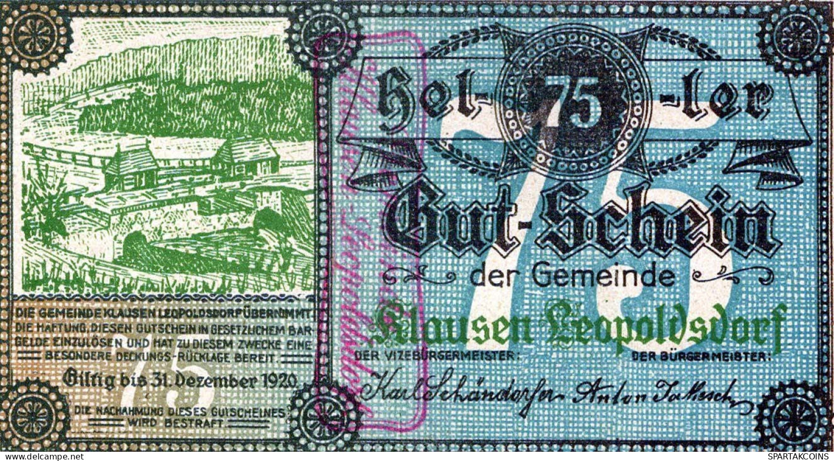 75 HELLER 1920 Stadt KLAUSEN-LEOPOLDSDORF Niedrigeren Österreich Notgeld Papiergeld Banknote #PG913 - Lokale Ausgaben