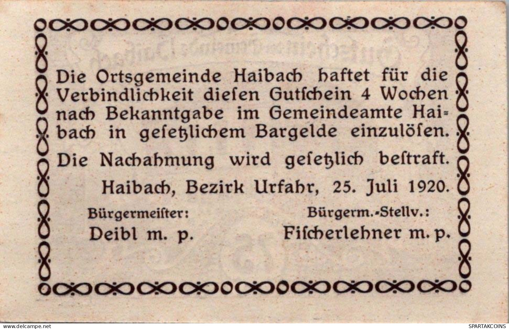 75 HELLER 1920 Stadt HAIBACH BEI ASCHACH Oberösterreich Österreich Notgeld Papiergeld Banknote #PG865 - Lokale Ausgaben