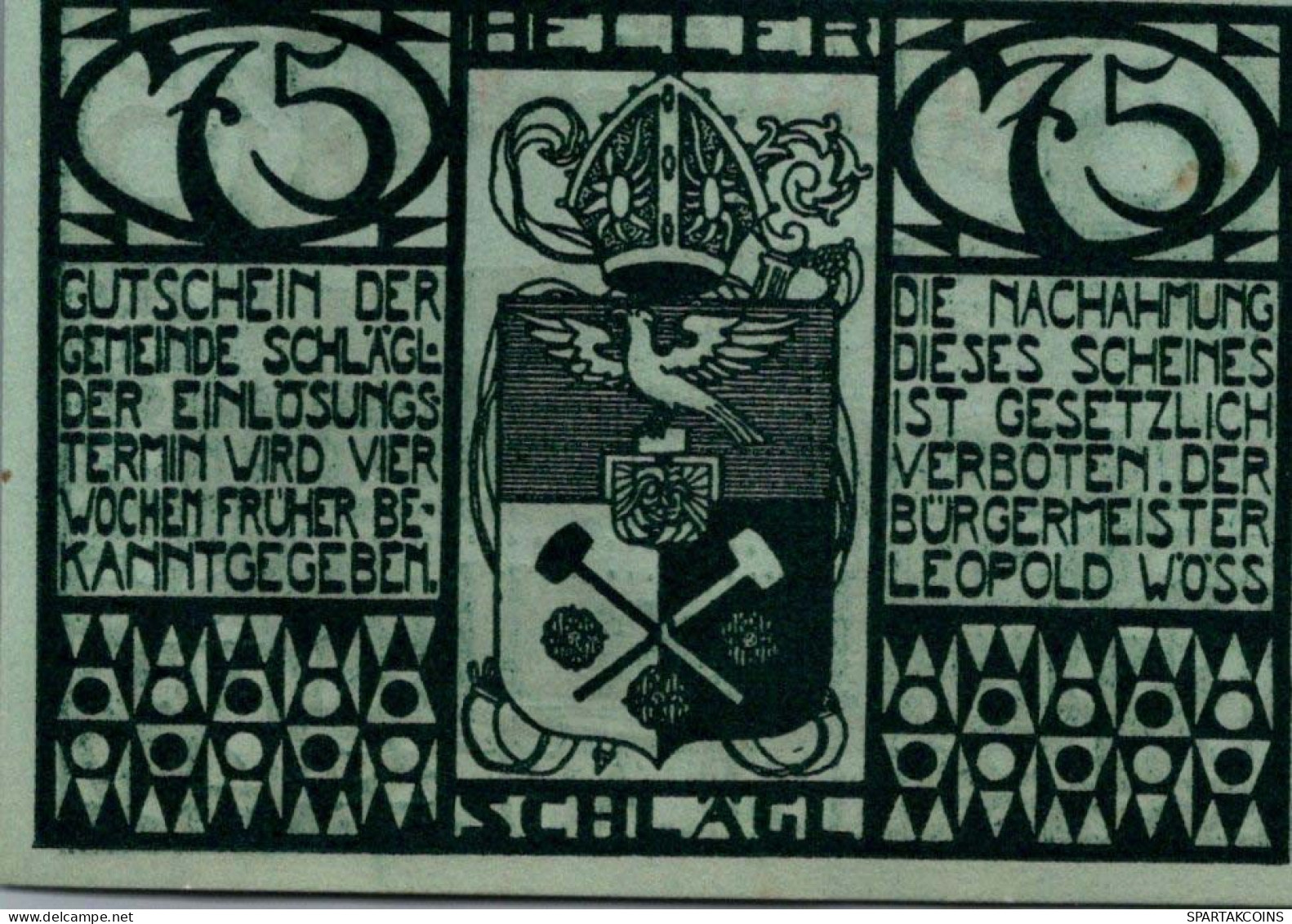75 HELLER 1918-1921 Stadt SCHLÄGL Oberösterreich Österreich Notgeld #PE585 - Lokale Ausgaben