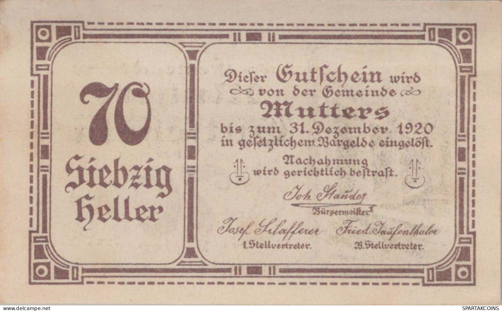 70 HELLER 1920 Stadt MUTTERS Tyrol Österreich Notgeld Banknote #PI297 - Lokale Ausgaben