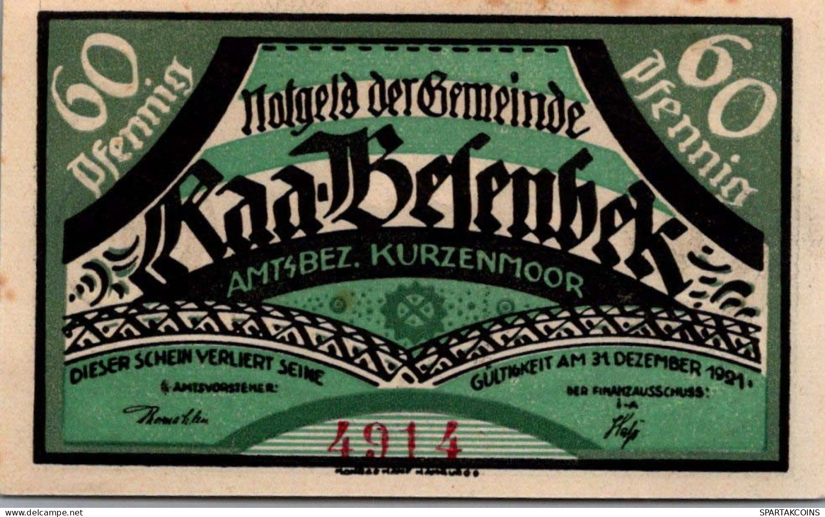 60 PFENNIG 1921 Stadt Kurzenmoor DEUTSCHLAND Notgeld Papiergeld Banknote #PG100 - Lokale Ausgaben