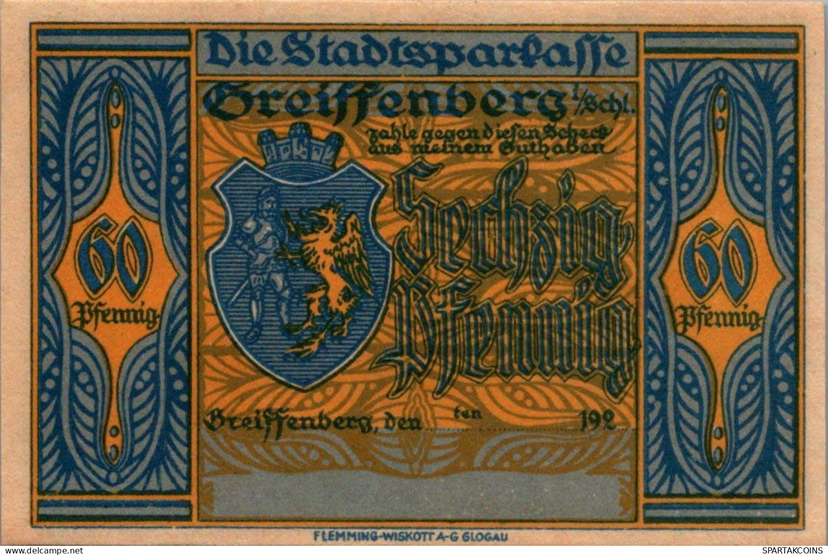 60 PFENNIG Stadt GREIFFENBERG Niedrigeren Silesia DEUTSCHLAND Notgeld Banknote #PF466 - [11] Emisiones Locales