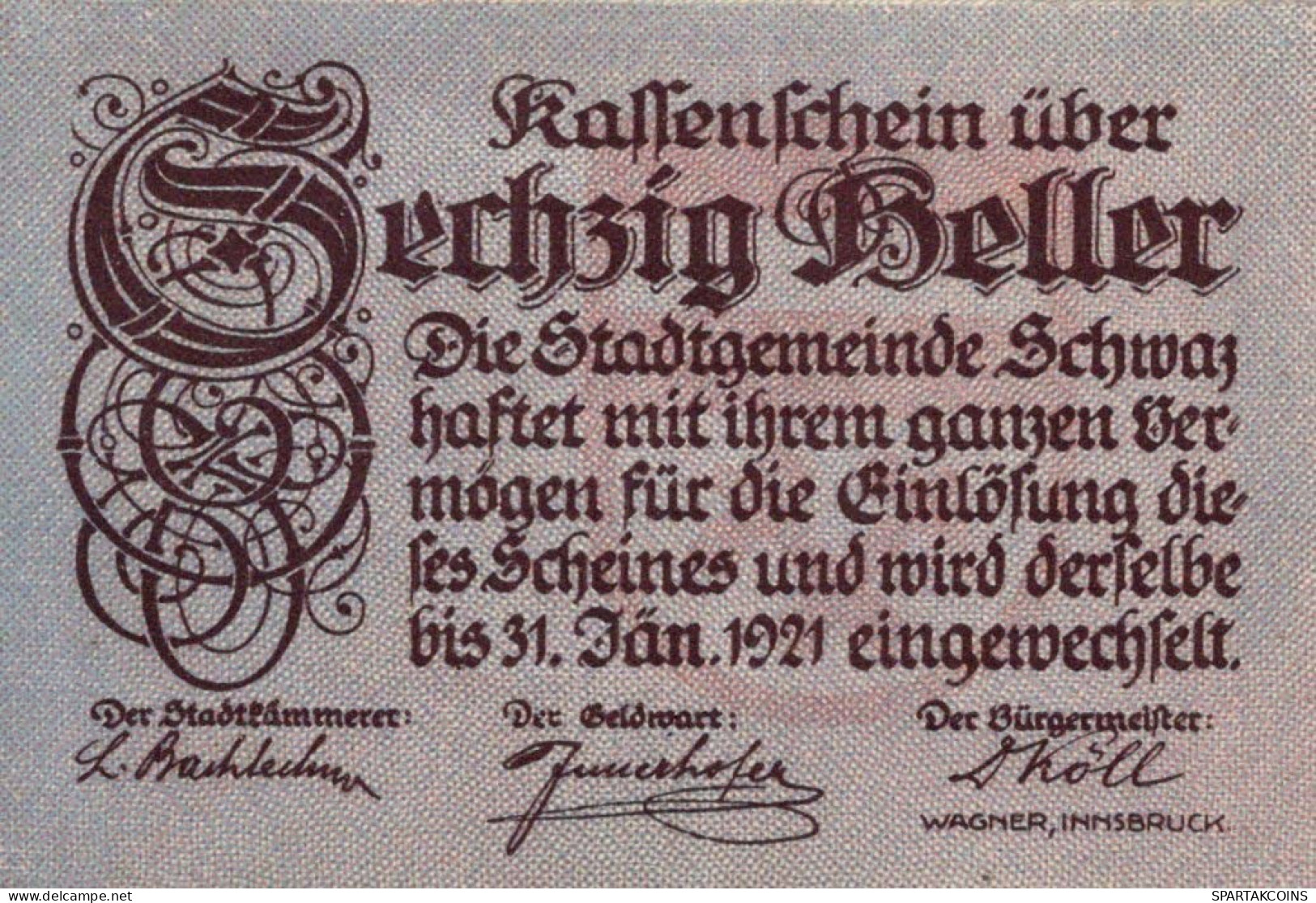 60 HELLER 1921 Stadt SCHWAZ Tyrol UNC Österreich Notgeld Banknote #PH038 - [11] Emisiones Locales