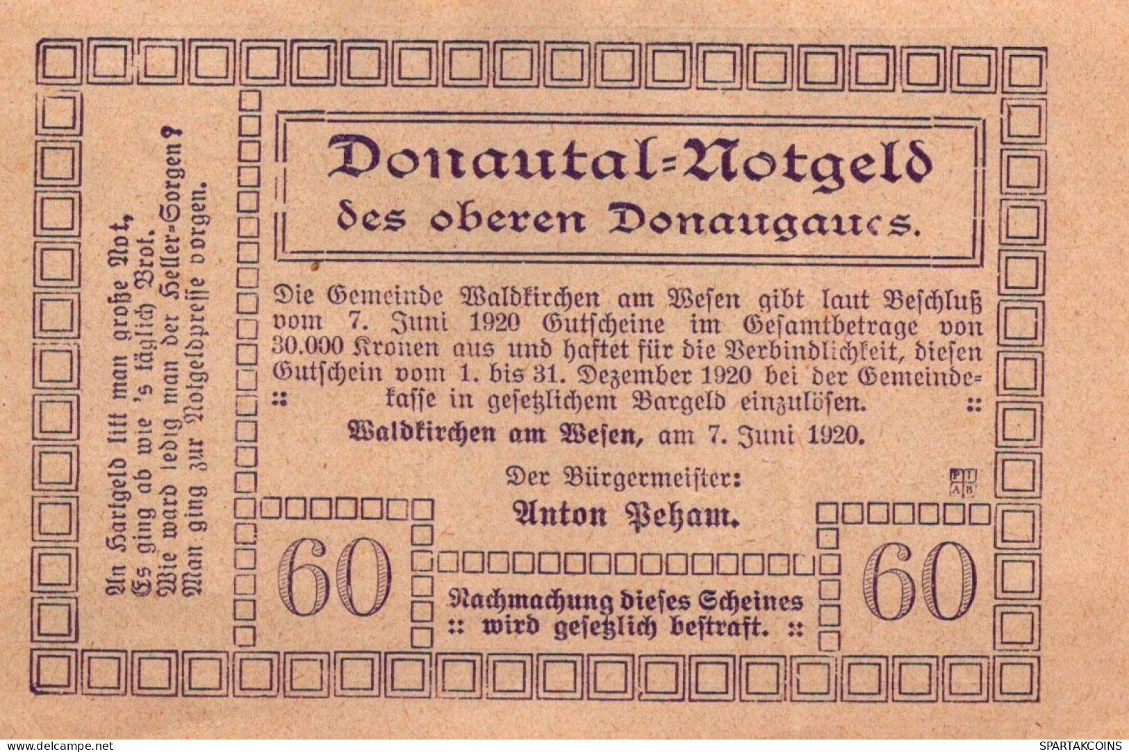 60 HELLER 1920 Stadt WALDKIRCHEN AM WESEN Oberösterreich Österreich UNC Österreich #PH436 - Lokale Ausgaben