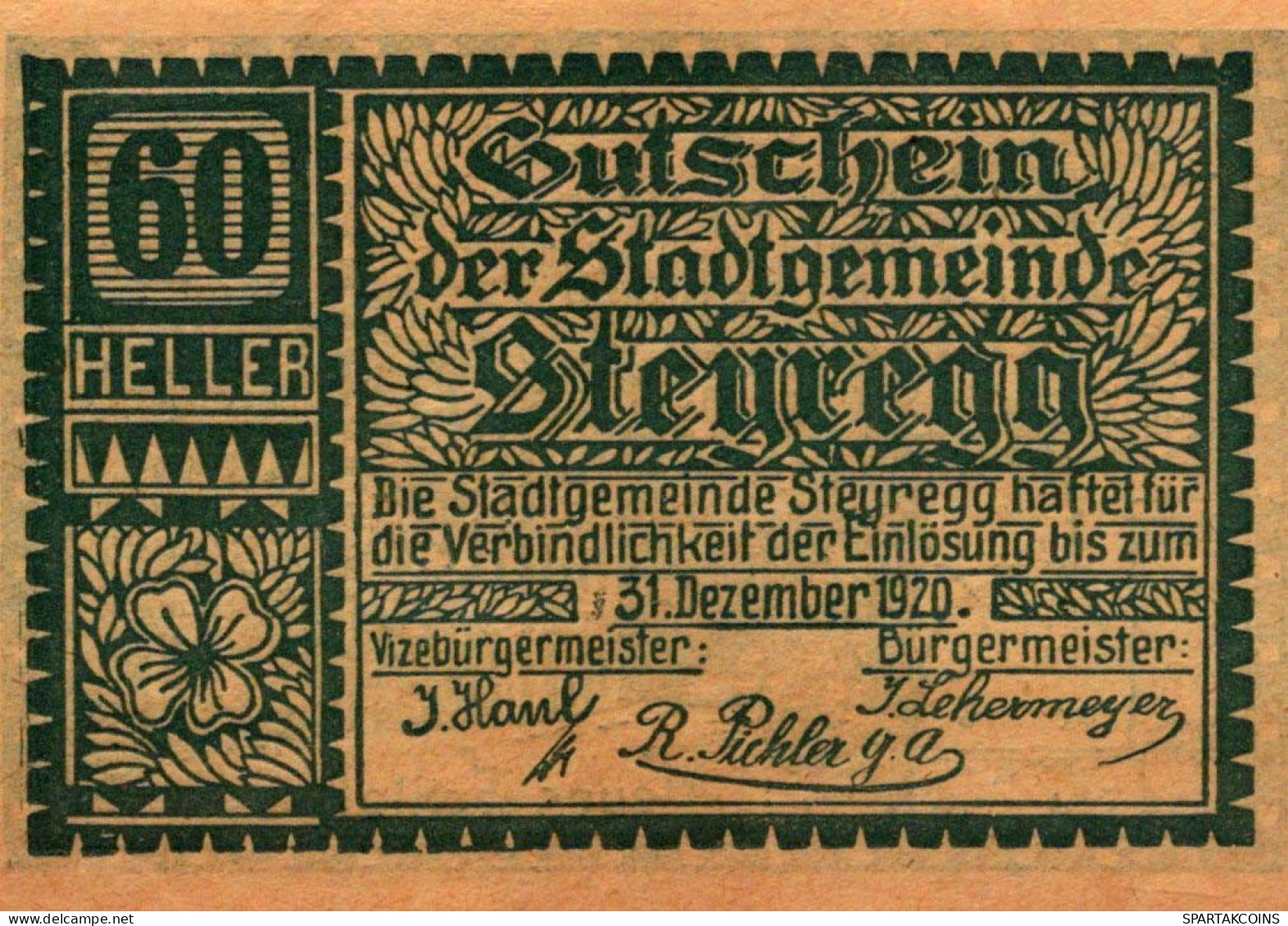 60 HELLER 1920 Stadt STEYREGG Oberösterreich Österreich Notgeld Banknote #PE604 - [11] Emisiones Locales