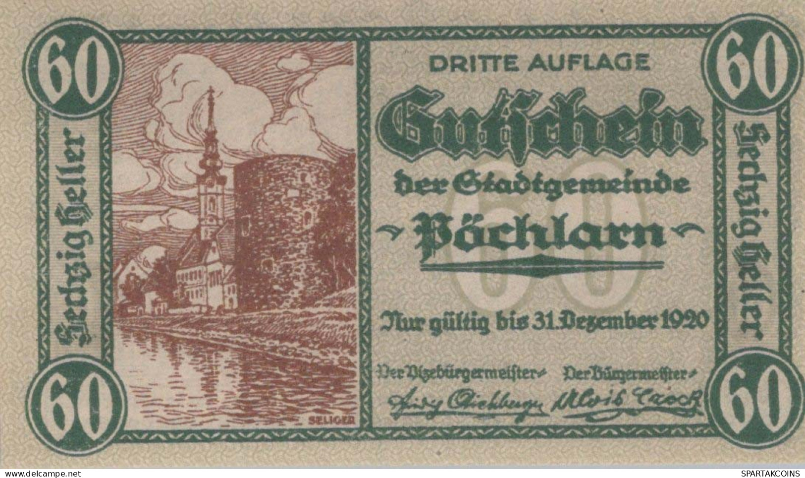 60 HELLER 1920 Stadt PÖCHLARN Niedrigeren Österreich Notgeld Papiergeld Banknote #PG647 - Lokale Ausgaben