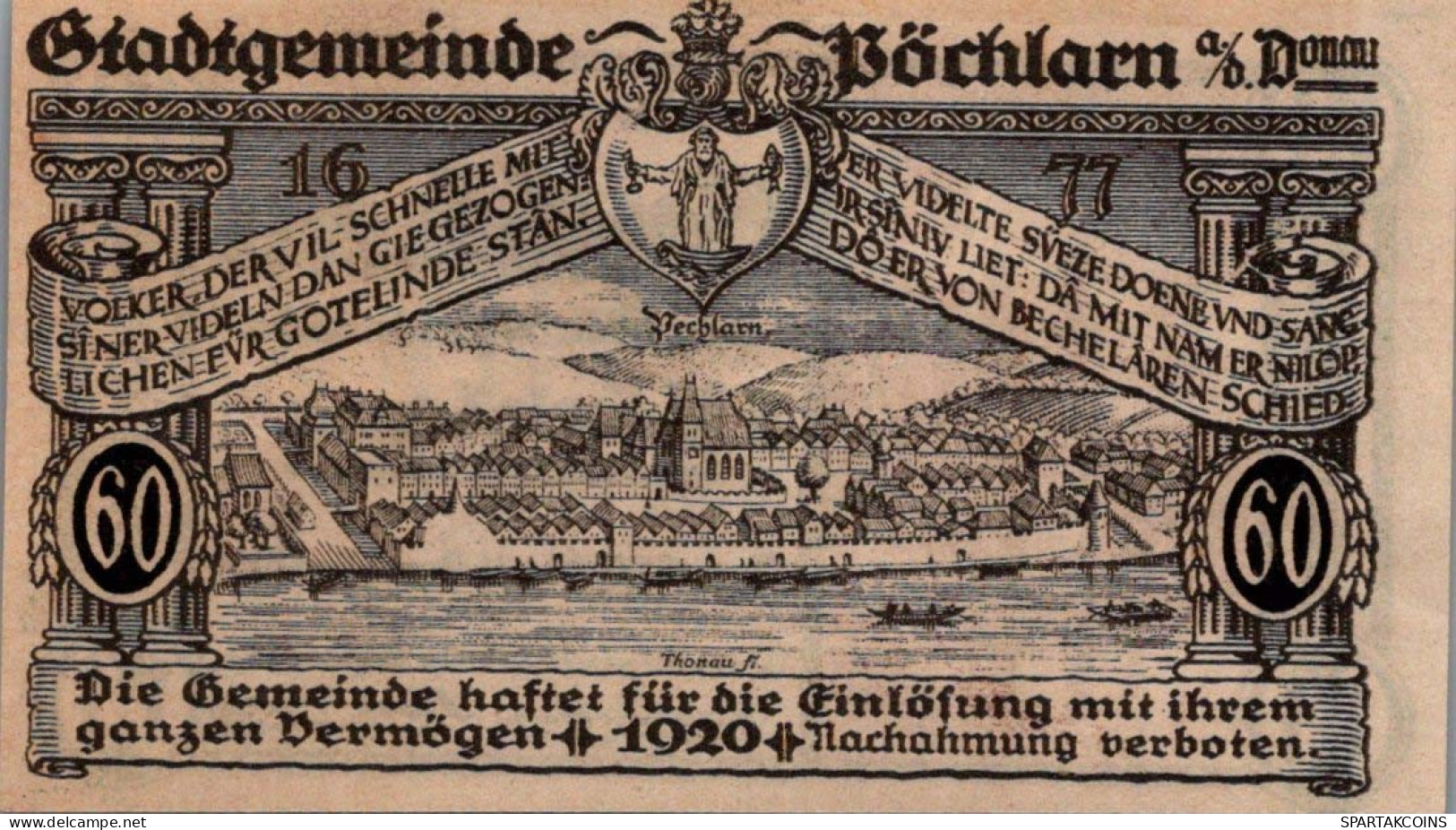 60 HELLER 1920 Stadt PÖCHLARN Niedrigeren Österreich Notgeld Papiergeld Banknote #PG987 - [11] Emisiones Locales