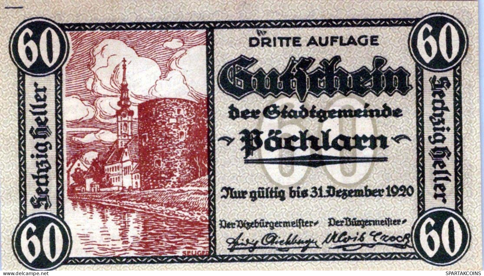 60 HELLER 1920 Stadt PÖCHLARN Niedrigeren Österreich Notgeld Papiergeld Banknote #PG987 - Lokale Ausgaben
