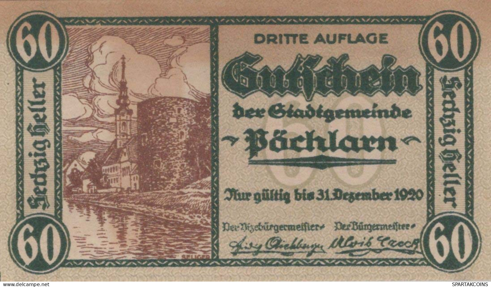 60 HELLER 1920 Stadt PoCHLARN Niedrigeren Österreich Notgeld Banknote #PE304 - [11] Emisiones Locales