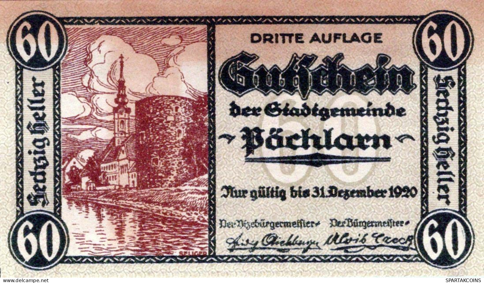 60 HELLER 1920 Stadt PoCHLARN Niedrigeren Österreich Notgeld Banknote #PE304 - Lokale Ausgaben
