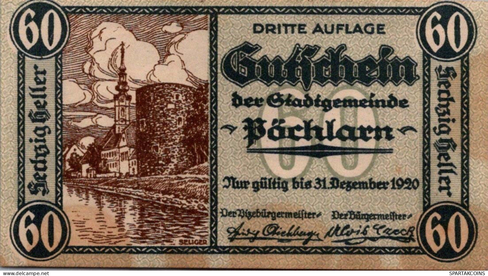 60 HELLER 1920 Stadt PoCHLARN Niedrigeren Österreich Notgeld Banknote #PE322 - [11] Emisiones Locales