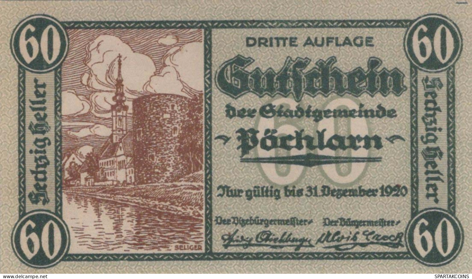 60 HELLER 1920 Stadt PoCHLARN Niedrigeren Österreich Notgeld Banknote #PE306 - [11] Emisiones Locales