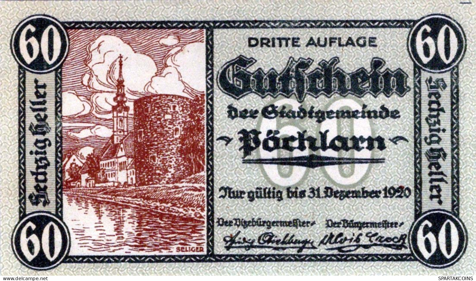 60 HELLER 1920 Stadt PoCHLARN Niedrigeren Österreich Notgeld Banknote #PE306 - Lokale Ausgaben
