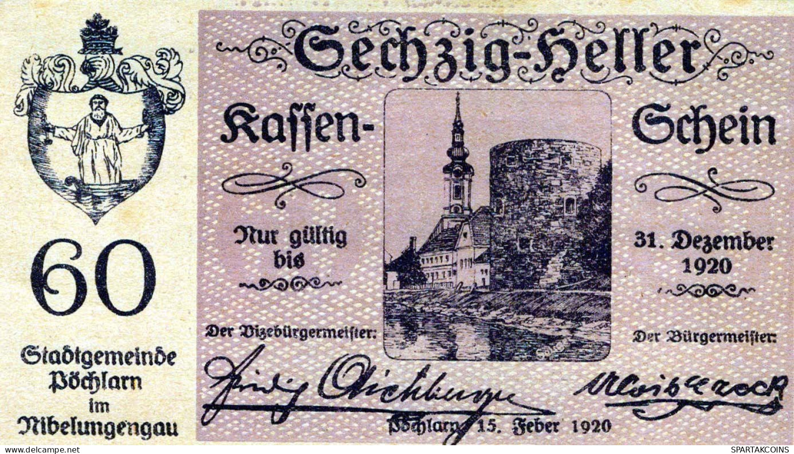 60 HELLER 1920 Stadt PoCHLARN Niedrigeren Österreich Notgeld Banknote #PE383 - [11] Emisiones Locales