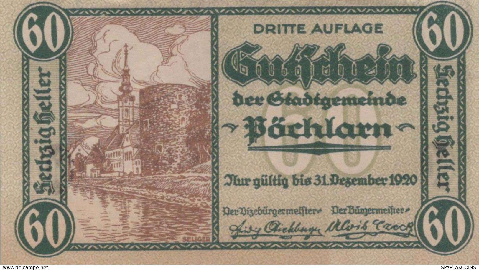 60 HELLER 1920 Stadt PoCHLARN Niedrigeren Österreich Notgeld Banknote #PE361 - Lokale Ausgaben
