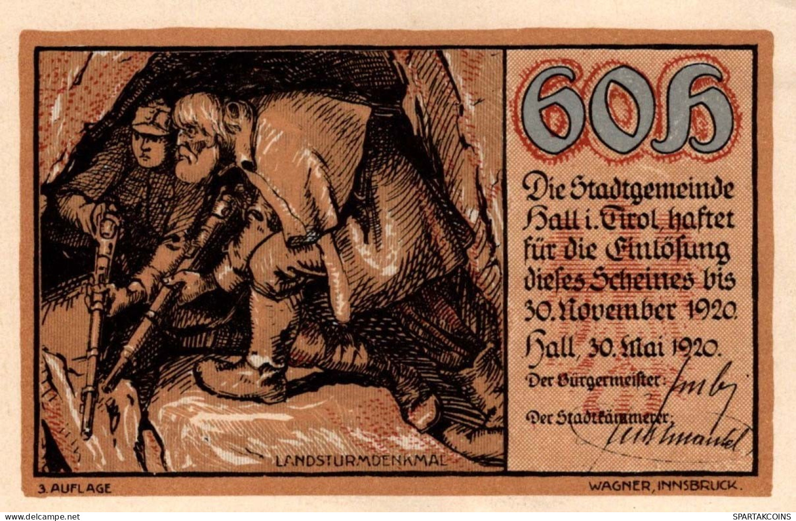 60 HELLER 1920 Stadt HALL Tyrol Österreich Notgeld Papiergeld Banknote #PD586 - Lokale Ausgaben