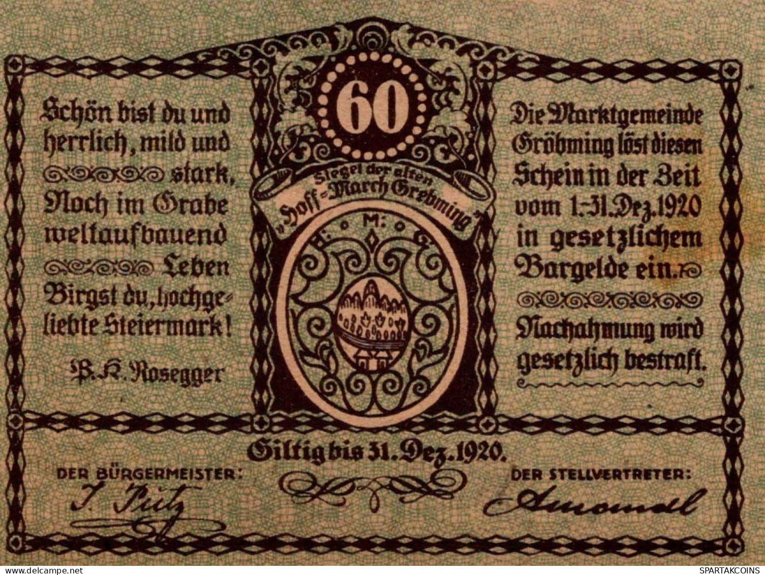 60 HELLER 1920 Stadt GRoBMING Styria Österreich Notgeld Banknote #PF174 - [11] Emisiones Locales