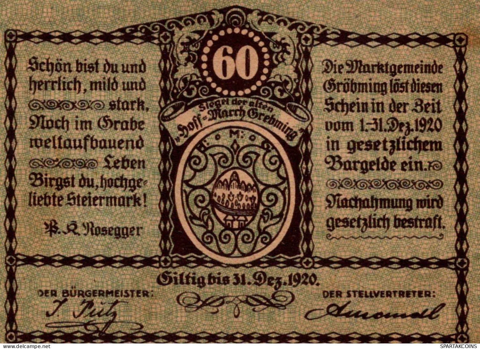 60 HELLER 1920 Stadt GRoBMING Styria Österreich Notgeld Banknote #PF025 - Lokale Ausgaben