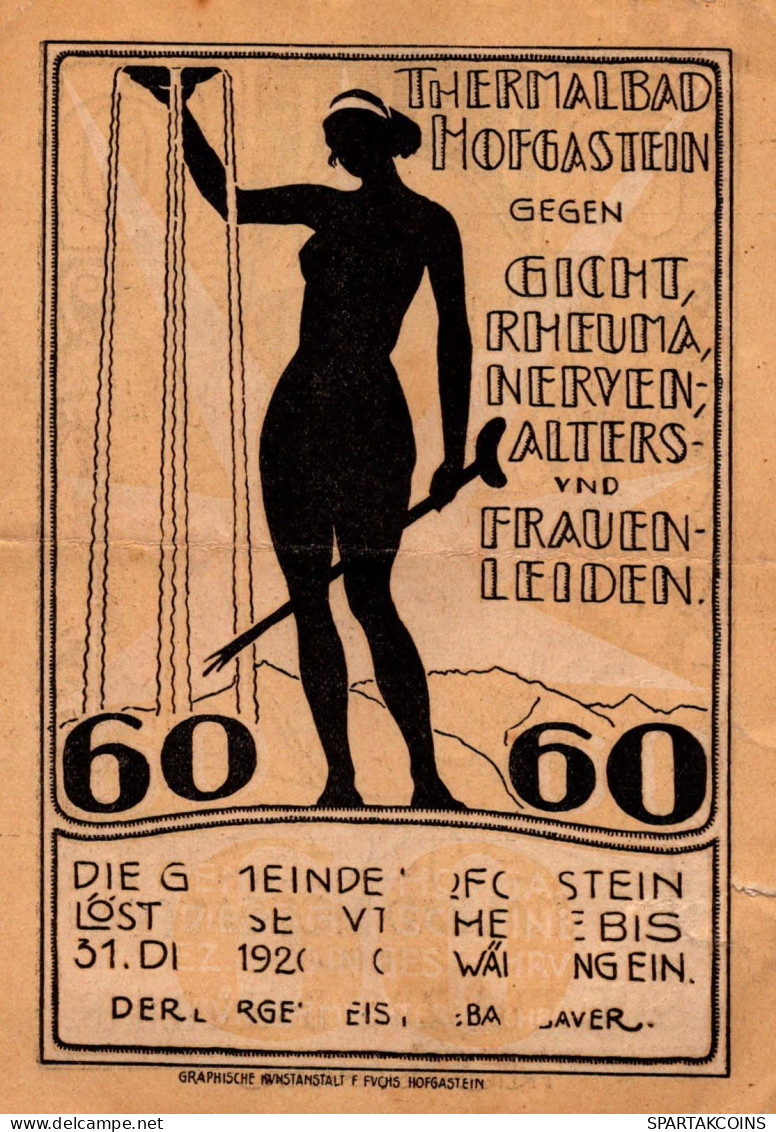 60 HELLER 1920 Stadt HOFGASTEIN Salzburg Österreich Notgeld Banknote #PD629 - [11] Emisiones Locales