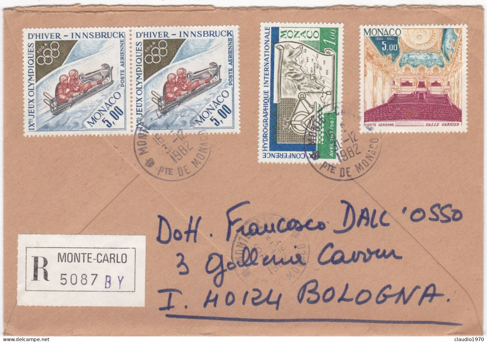 MONACO - MONTE - CARLO - BUSTA RACCOMANDATA - VIAGGIATA PER BOLOGNA - ITALIA - 1982 - Covers & Documents