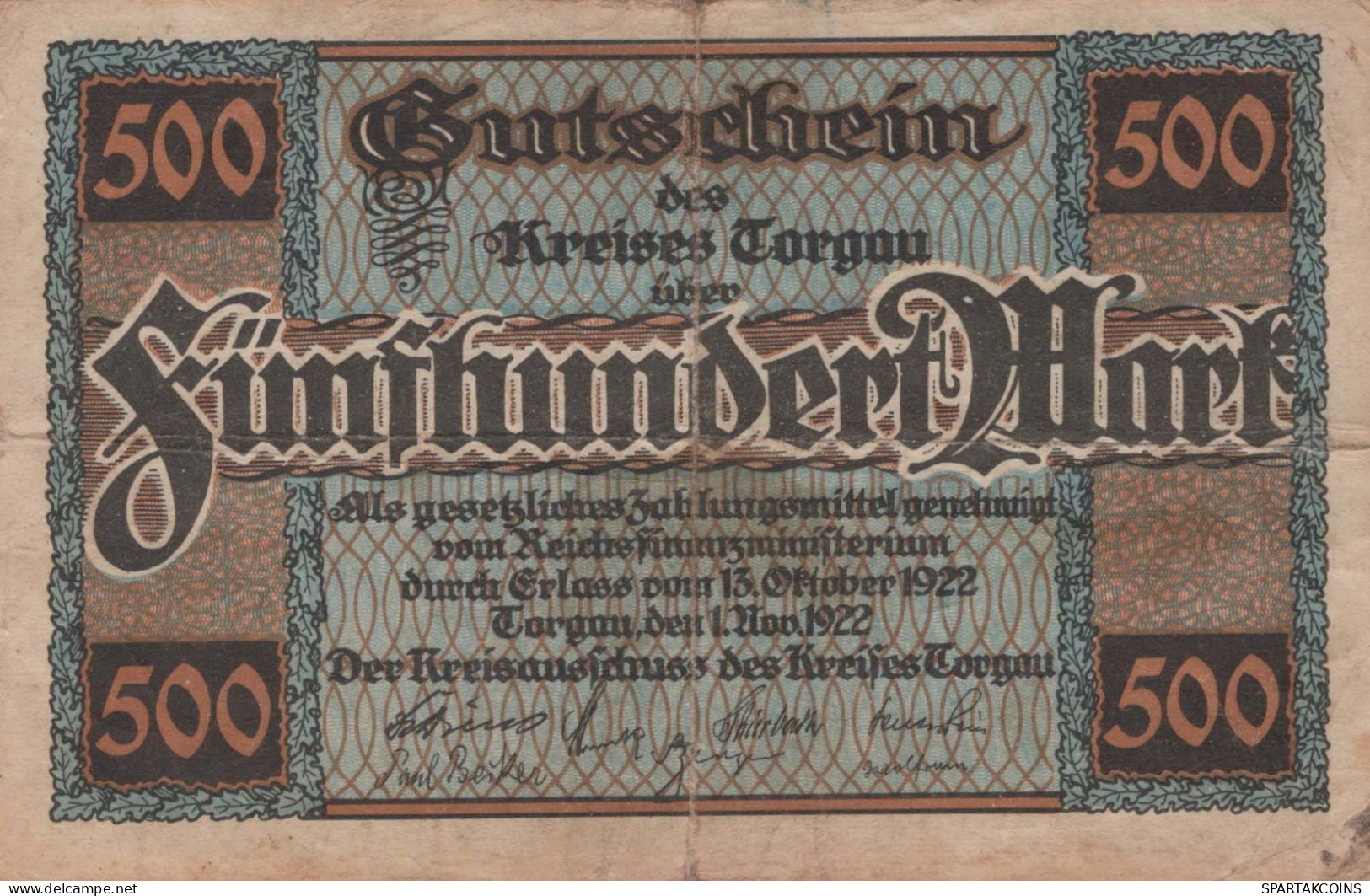 500 MARK 1922 Stadt TORGAU Saxony DEUTSCHLAND Notgeld Papiergeld Banknote #PK918 - Lokale Ausgaben