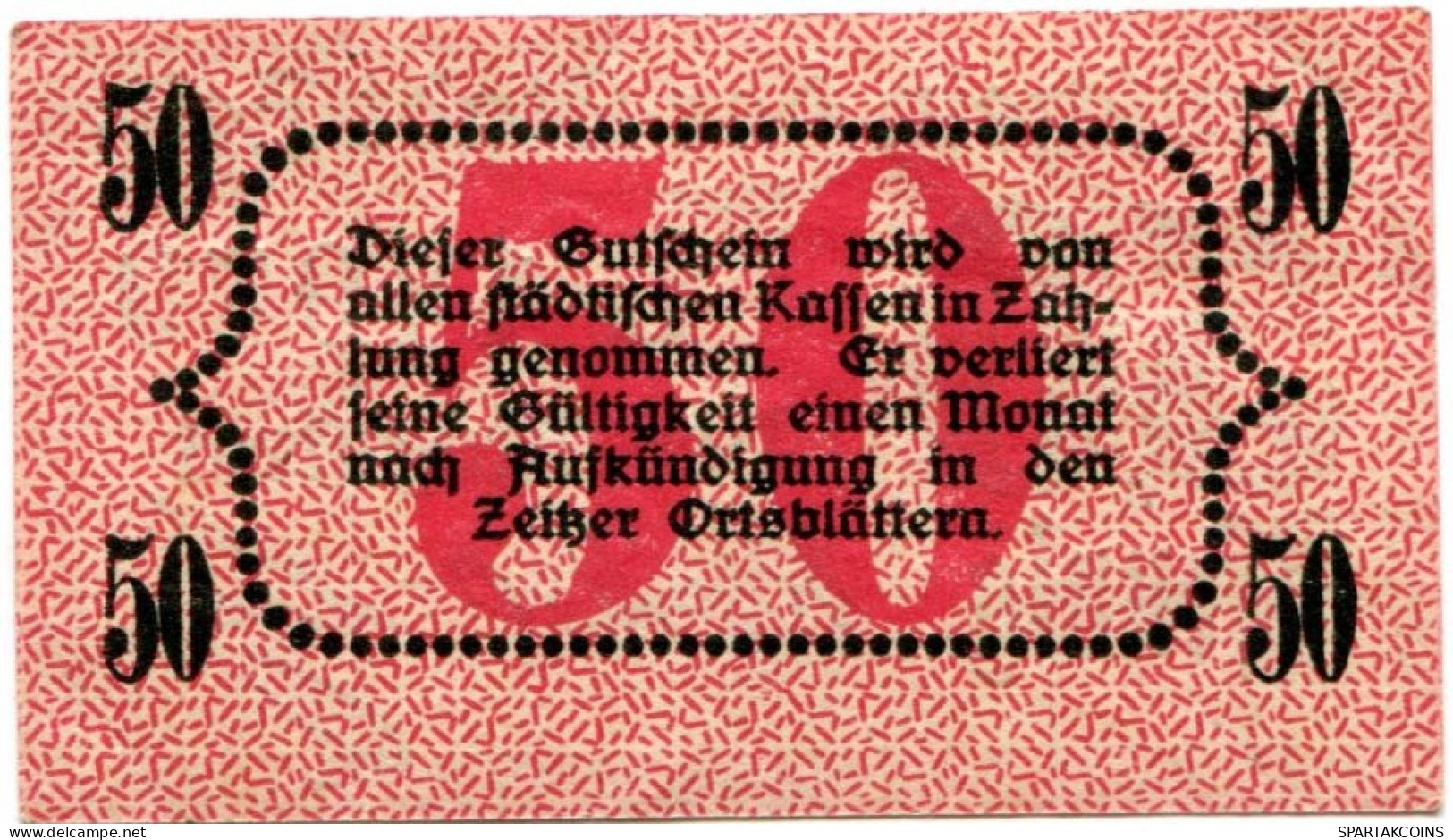 50 PFENNIG Stadt ZEITZ Saxony DEUTSCHLAND Notgeld Papiergeld Banknote #PL699 - Lokale Ausgaben