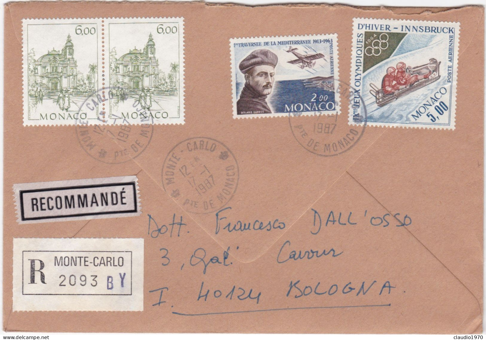 MONACO - MONTE - CARLO - BUSTA RACCOMANDATA - VIAGGIATA PER BOLOGNA - ITALIA - 1987 - Cartas & Documentos