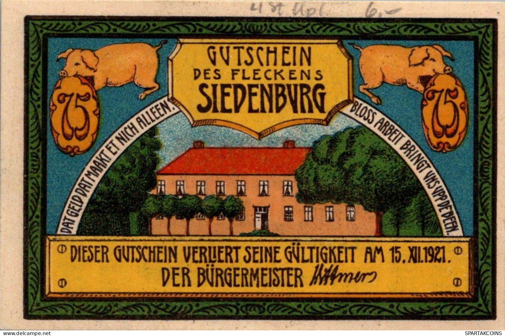 75 PFENNIG 1921 Stadt SIEDENBURG Hanover DEUTSCHLAND Notgeld Banknote #PG143 - Lokale Ausgaben