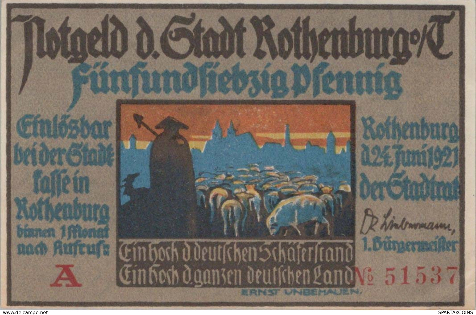 75 PFENNIG 1921 Stadt ROTHENBURG OB DER TAUBER Bavaria DEUTSCHLAND #PF711 - Lokale Ausgaben