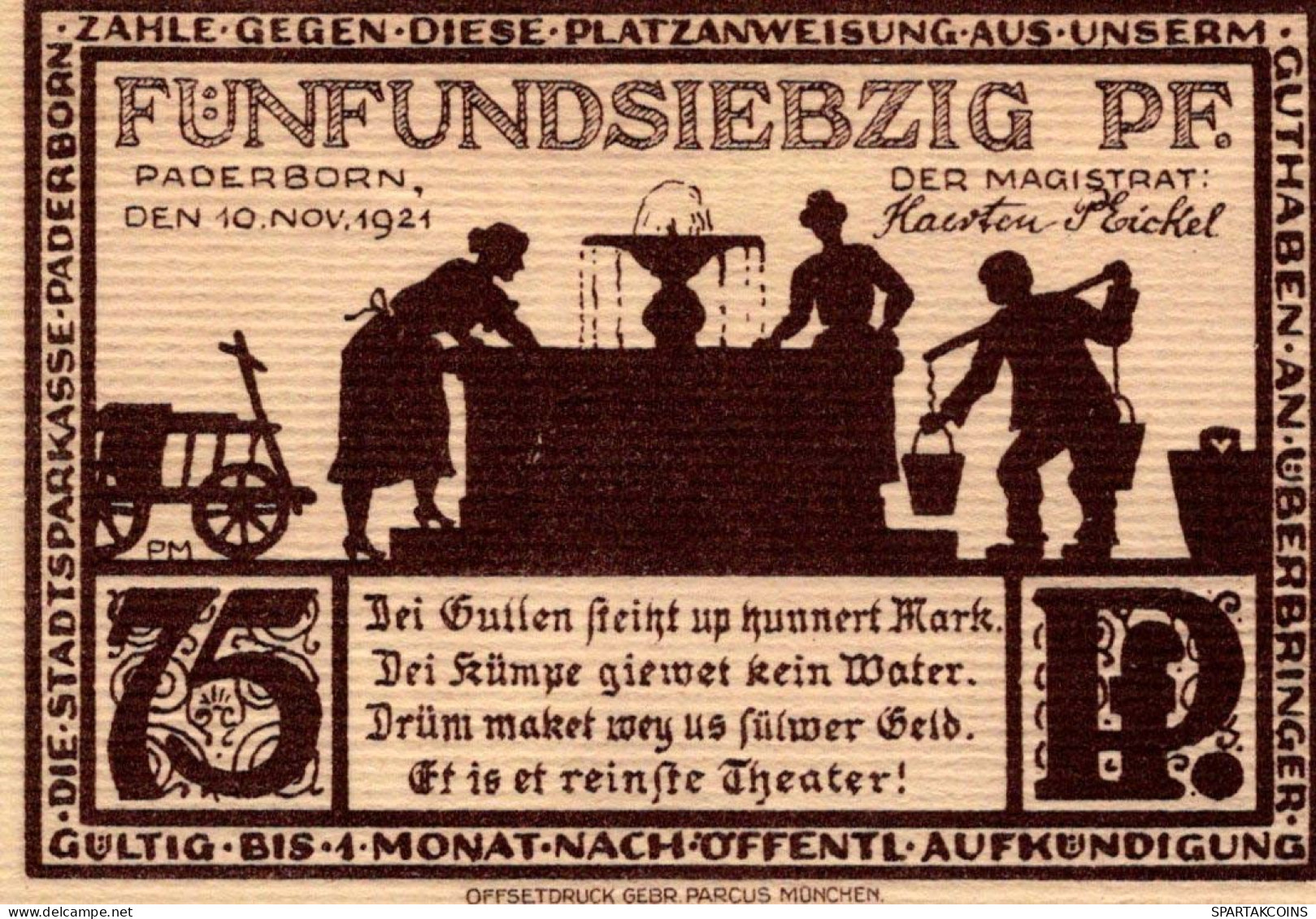 75 PFENNIG 1921 Stadt PADERBORN Westphalia UNC DEUTSCHLAND Notgeld #PB438 - Lokale Ausgaben