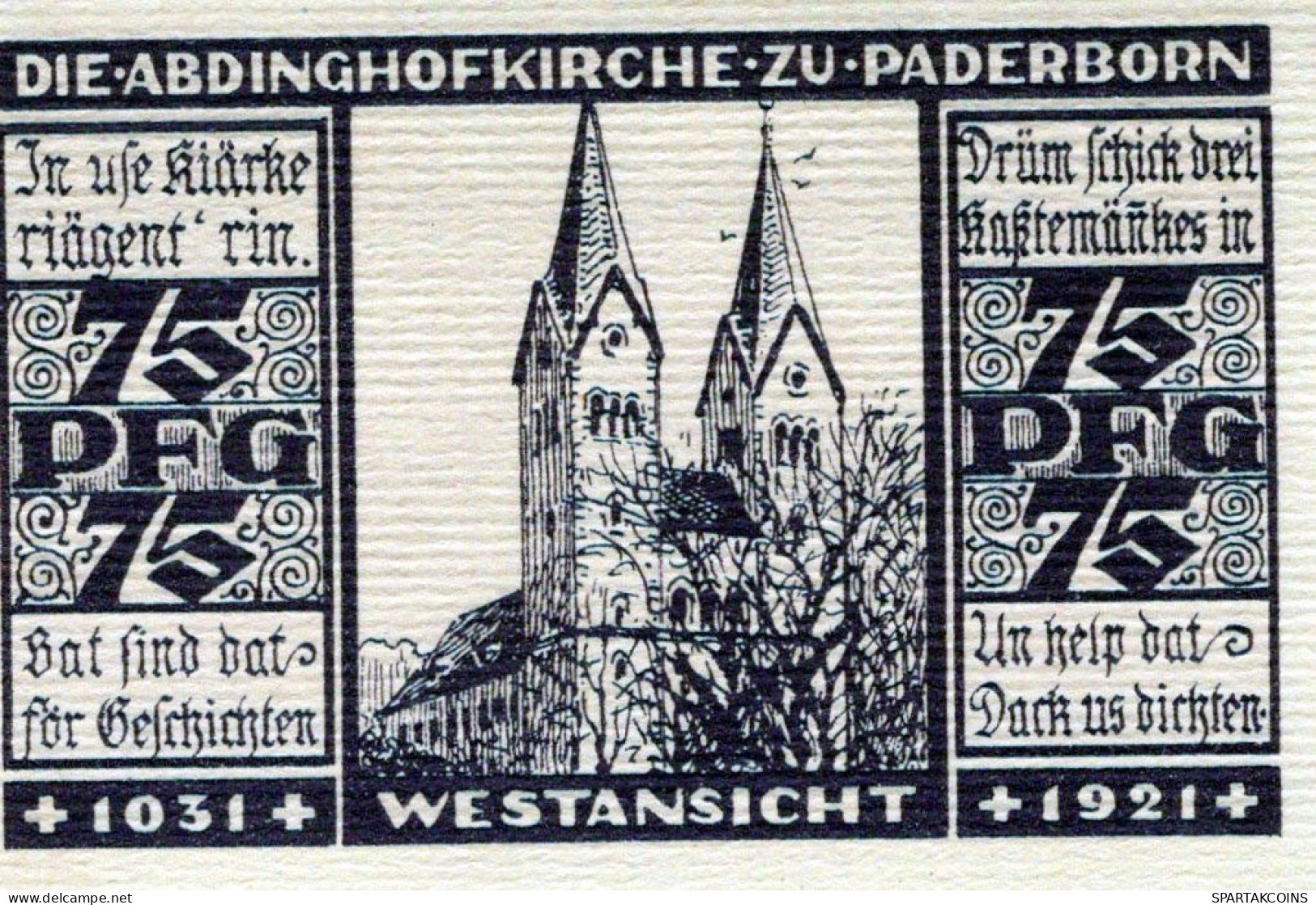 75 PFENNIG 1921 Stadt PADERBORN Westphalia UNC DEUTSCHLAND Notgeld #PB421 - Lokale Ausgaben