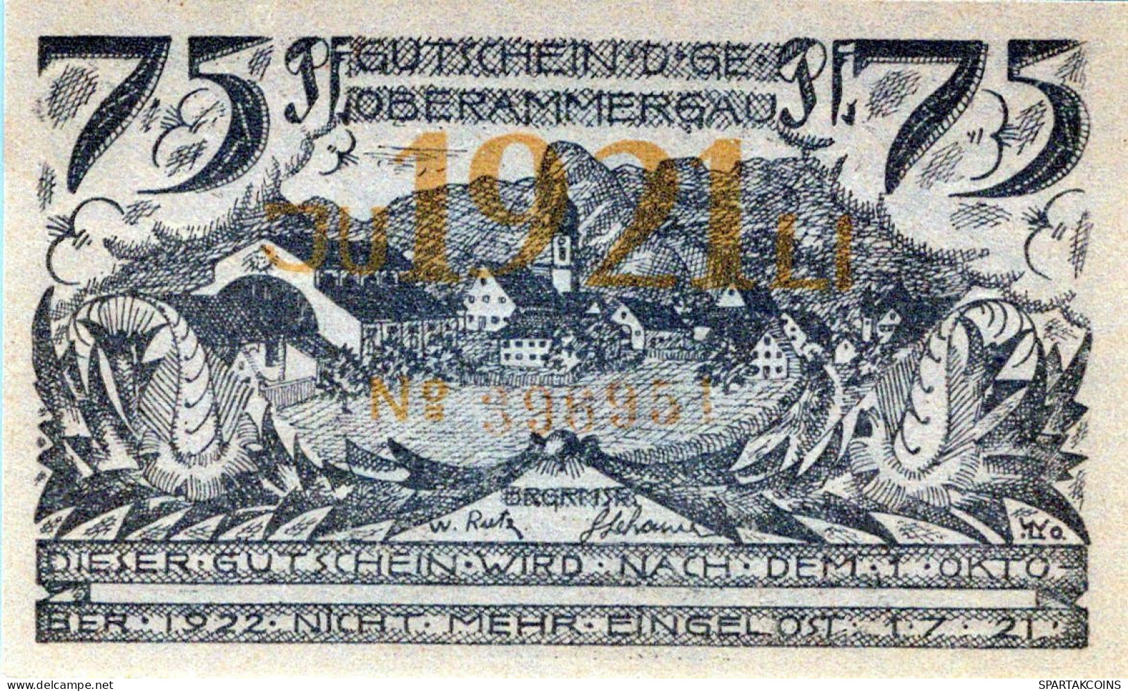 75 PFENNIG 1921 Stadt OBERAMMERGAU Bavaria DEUTSCHLAND Notgeld Banknote #PJ159 - [11] Local Banknote Issues