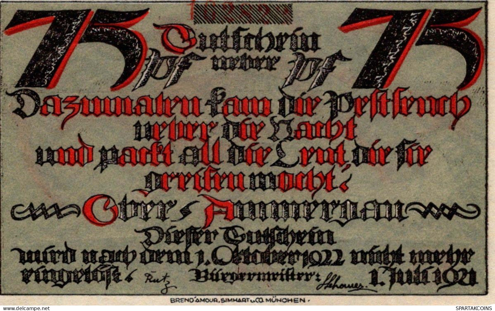 75 PFENNIG 1921 Stadt OBERAMMERGAU Bavaria DEUTSCHLAND Notgeld Banknote #PF570 - [11] Local Banknote Issues