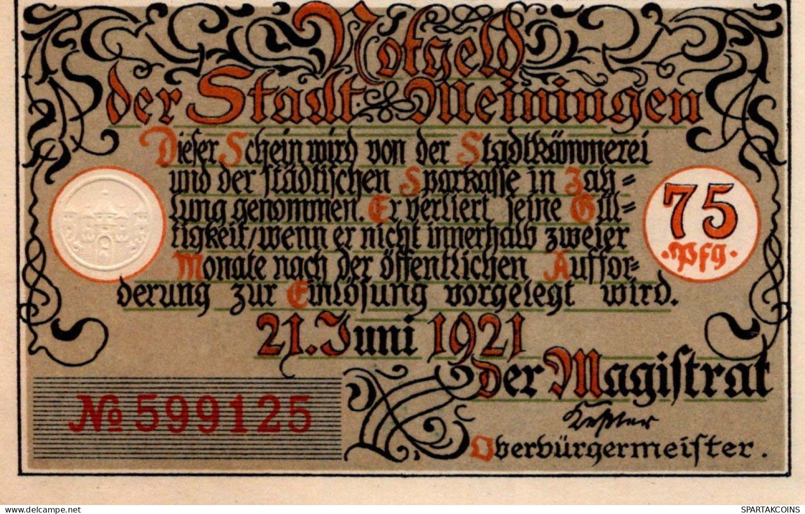 75 PFENNIG 1921 Stadt MEININGEN Thuringia UNC DEUTSCHLAND Notgeld #PI712 - Lokale Ausgaben