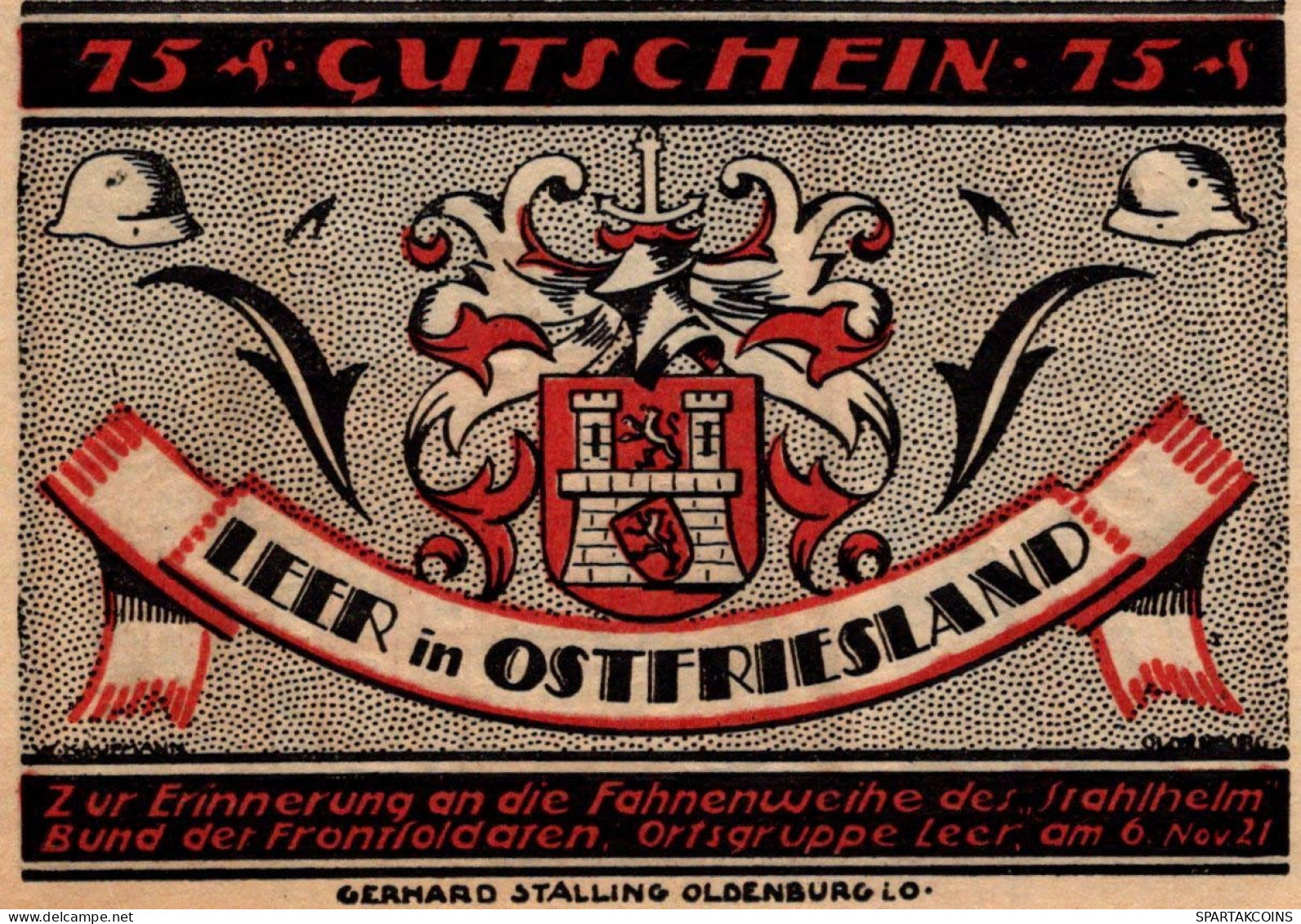 75 PFENNIG 1921 Stadt LEER Hanover UNC DEUTSCHLAND Notgeld Banknote #PC078 - [11] Local Banknote Issues