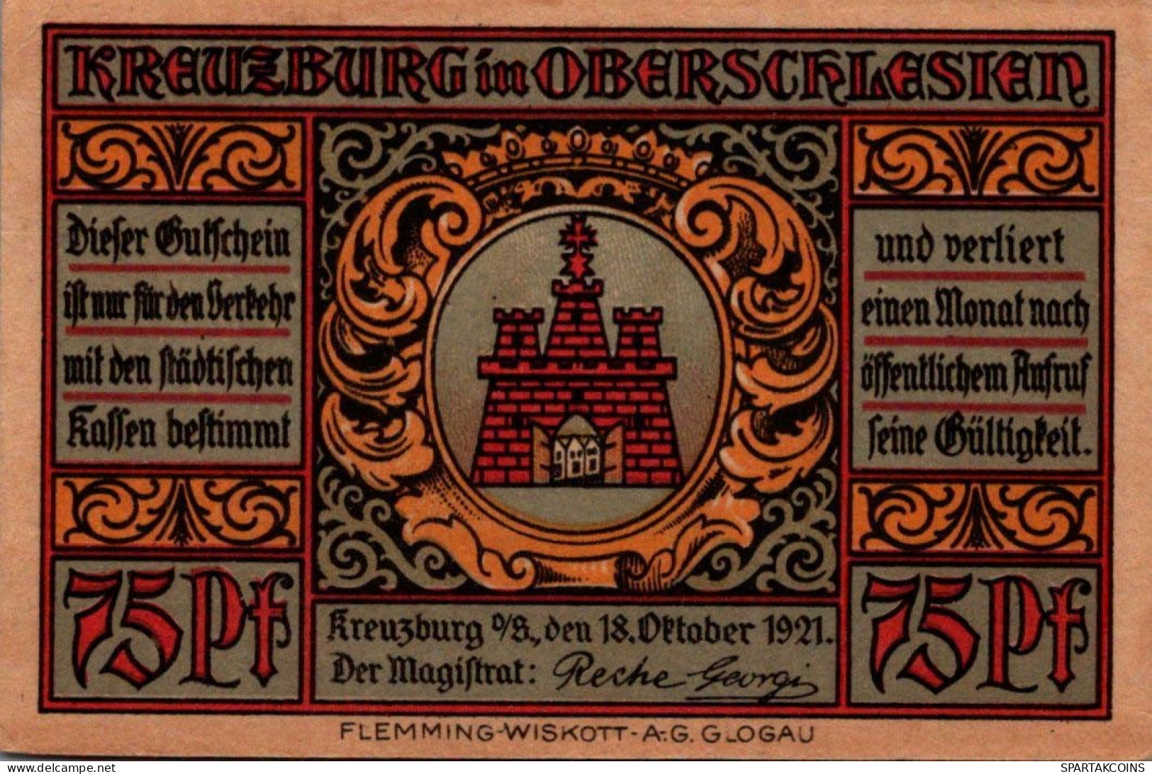 75 PFENNIG 1921 Stadt KREUZBURG Oberen Silesia DEUTSCHLAND Notgeld #PG012 - [11] Local Banknote Issues
