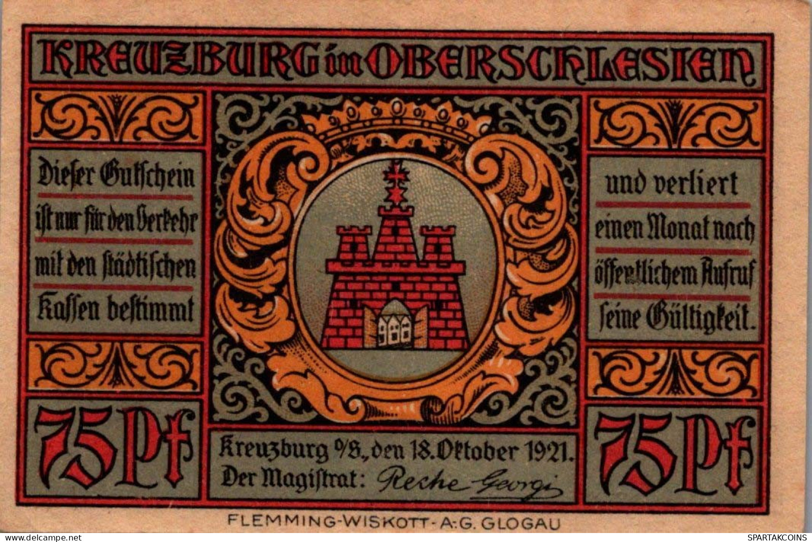 75 PFENNIG 1921 Stadt KREUZBURG Oberen Silesia DEUTSCHLAND Notgeld #PG010 - [11] Local Banknote Issues