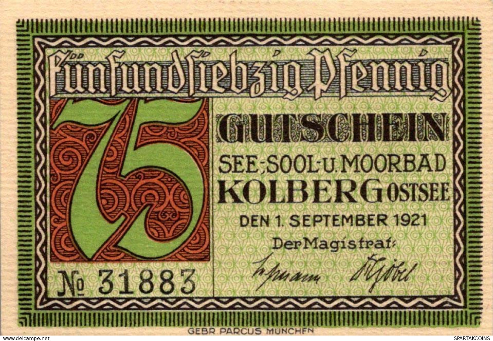 75 PFENNIG 1921 Stadt KOLBERG Pomerania DEUTSCHLAND Notgeld Banknote #PG136 - Lokale Ausgaben