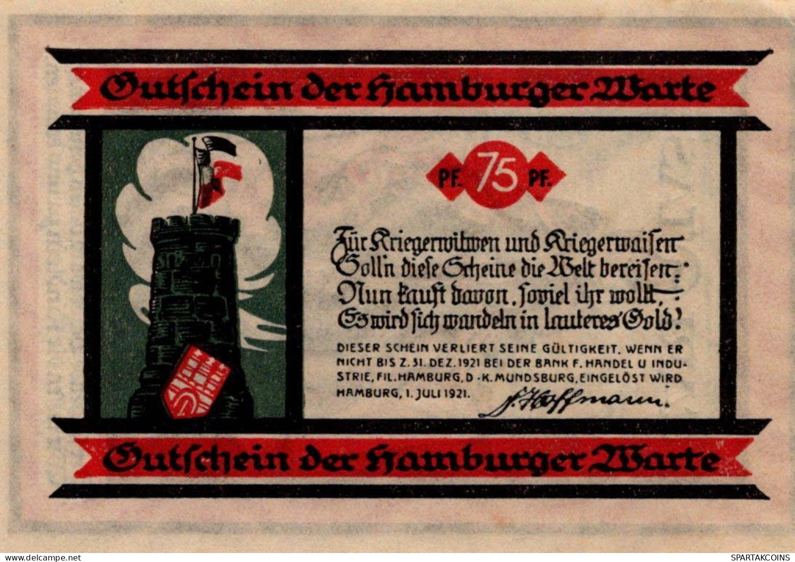 75 PFENNIG 1921 Stadt HAMBURG Hamburg DEUTSCHLAND Notgeld Banknote #PD423 - Lokale Ausgaben