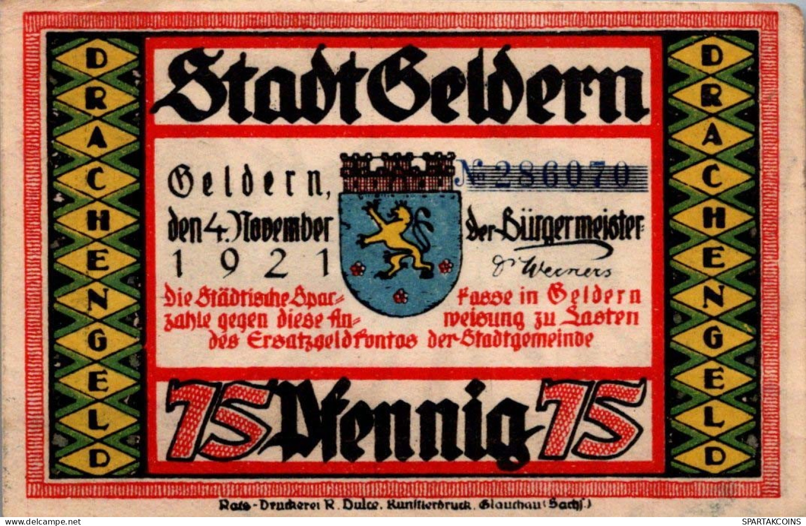 75 PFENNIG 1921 Stadt GELDERN Rhine DEUTSCHLAND Notgeld Banknote #PF973 - [11] Local Banknote Issues