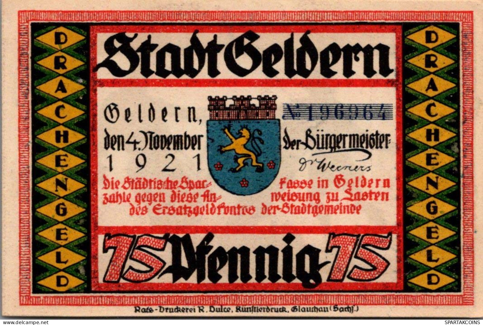 75 PFENNIG 1921 Stadt GELDERN Rhine DEUTSCHLAND Notgeld Banknote #PF982 - Lokale Ausgaben