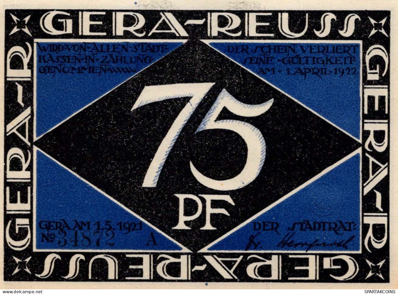 75 PFENNIG 1921 Stadt GERA Thuringia DEUTSCHLAND Notgeld Banknote #PD493 - Lokale Ausgaben