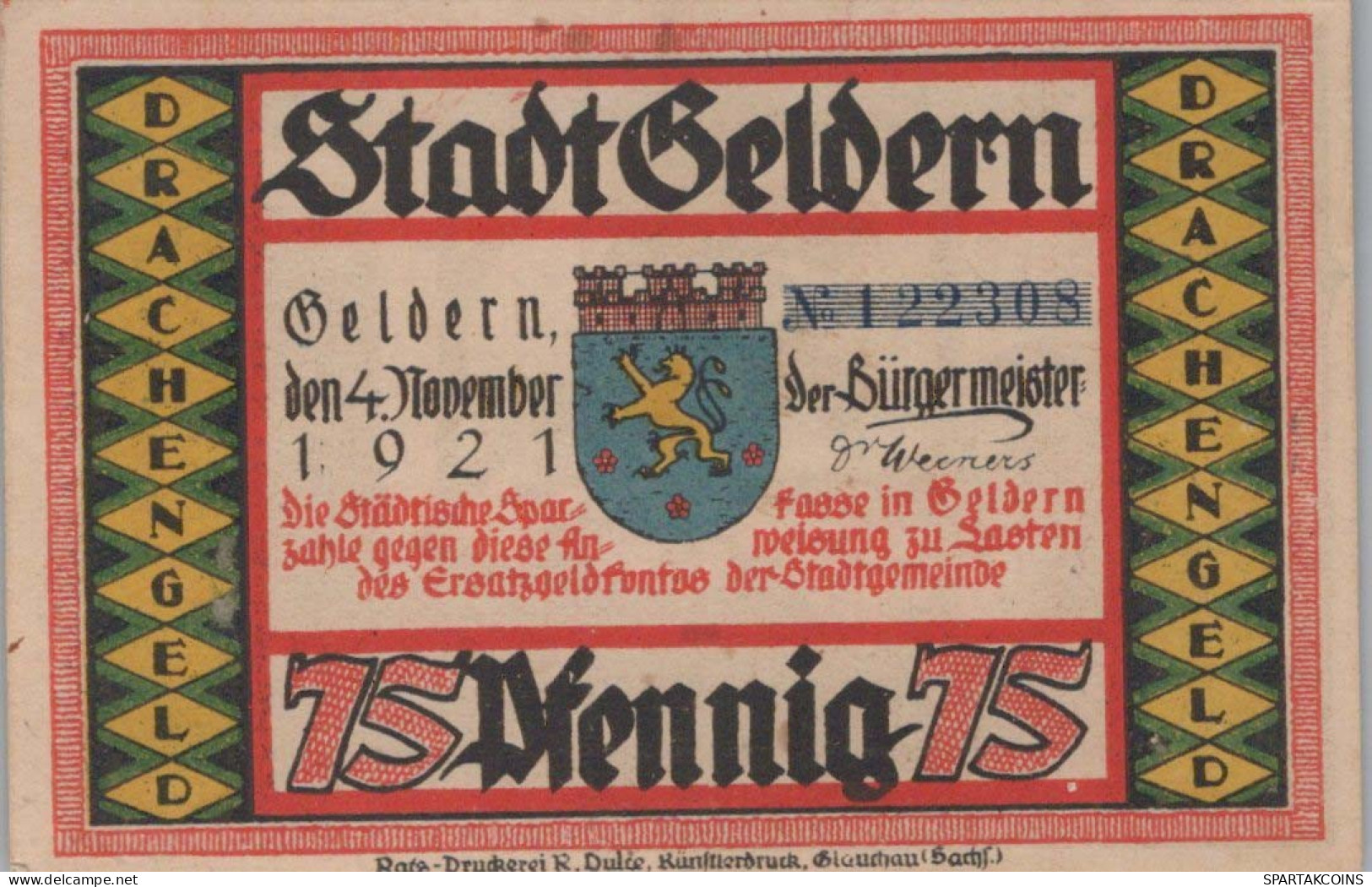 75 PFENNIG 1921 Stadt GELDERN Rhine DEUTSCHLAND Notgeld Banknote #PF701 - [11] Local Banknote Issues