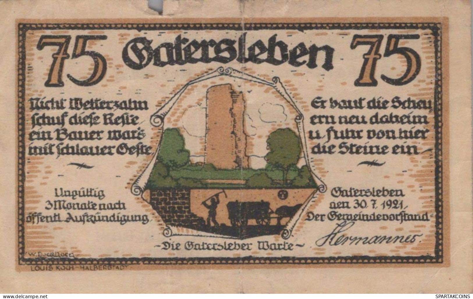 75 PFENNIG 1921 Stadt GATERSLEBEN Saxony UNC DEUTSCHLAND Notgeld Banknote #PH179 - Lokale Ausgaben