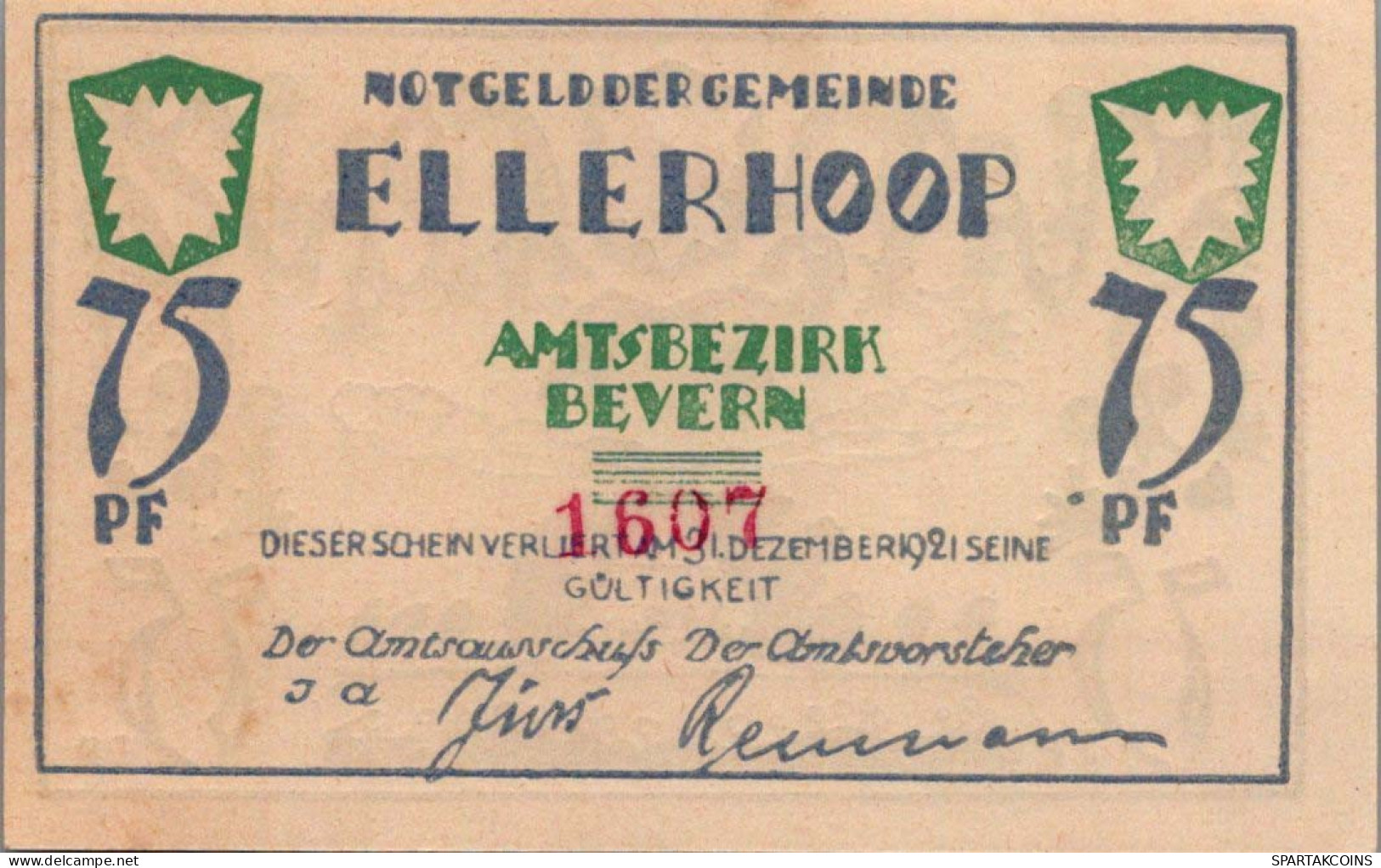 75 PFENNIG 1921 Stadt ELLERHOOP Schleswig-Holstein UNC DEUTSCHLAND #PB193 - Lokale Ausgaben