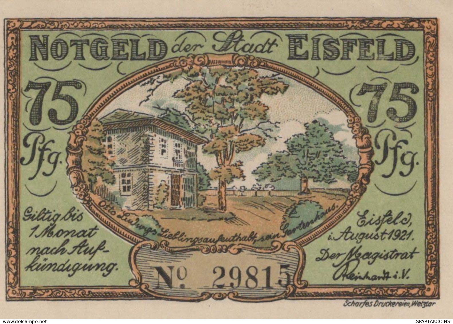 75 PFENNIG 1921 Stadt EISFELD Thuringia UNC DEUTSCHLAND Notgeld Banknote #PB148 - [11] Emissions Locales