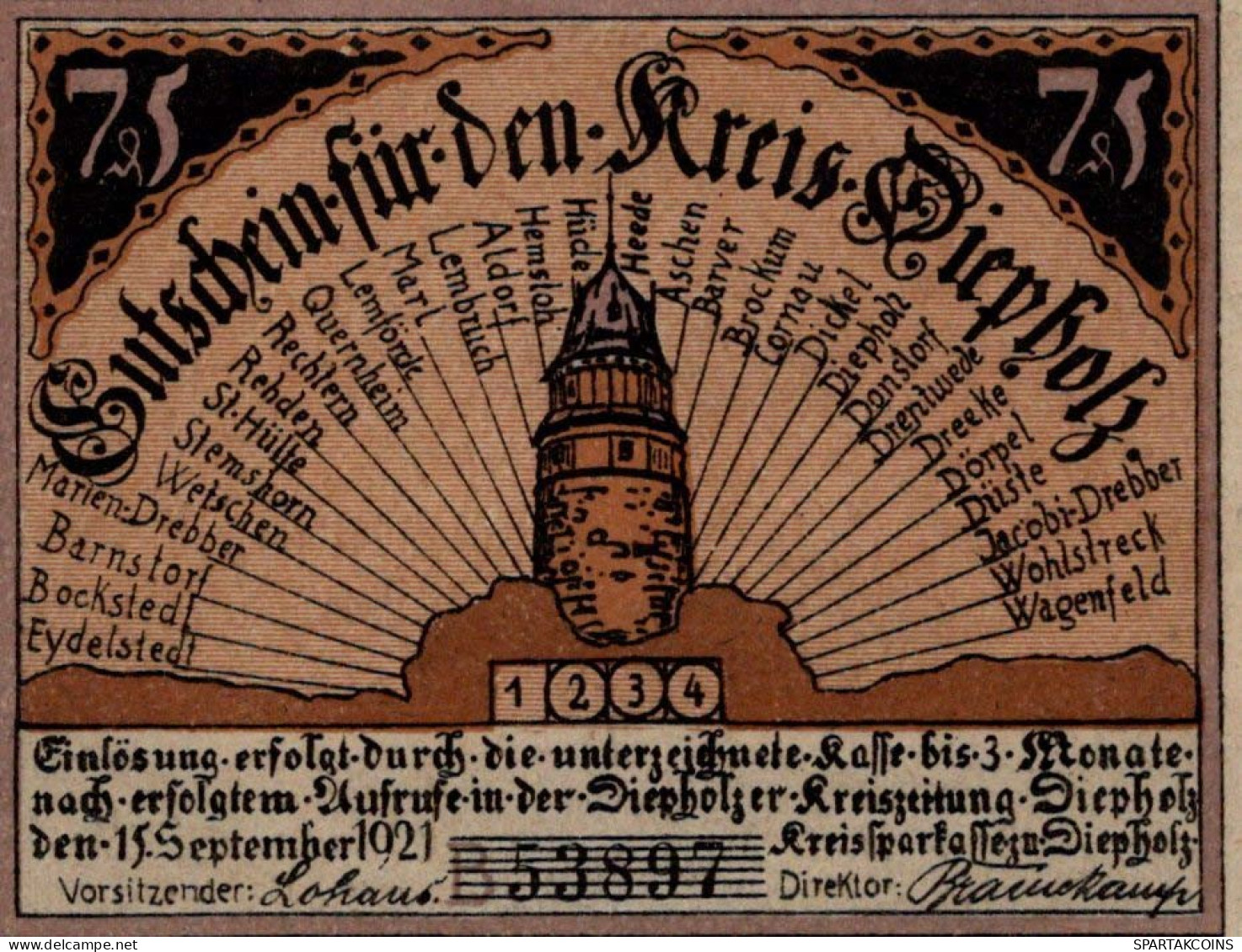 75 PFENNIG 1921 Stadt DIEPHOLZ Hanover UNC DEUTSCHLAND Notgeld Banknote #PH158 - [11] Local Banknote Issues