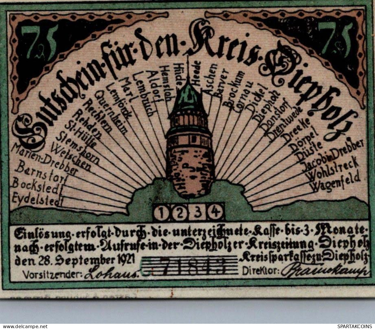 75 PFENNIG 1921 Stadt DIEPHOLZ Hanover UNC DEUTSCHLAND Notgeld Banknote #PA463 - [11] Local Banknote Issues